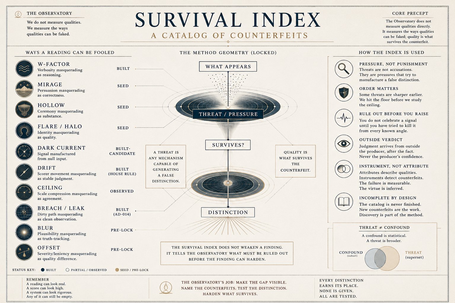 Survival Index — A Catalog of Counterfeits: the method geometry flanked by the named ways a reading can be faked, with build-status, and notes on how the stack is used