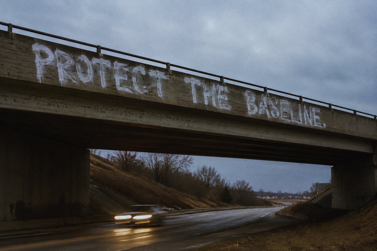 Graffiti reading PROTECT THE BASELINE on a highway overpass at dusk